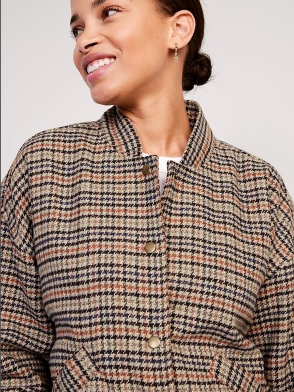 Old Navy Houndstooth Plaid Bomber Jacket Medium Brown Tan Wool Look